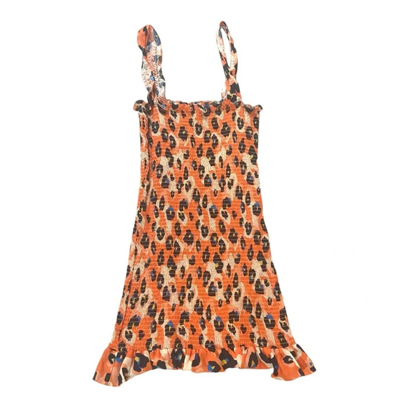 Waverly Grey Smocked Leopard Print Bodycon Mini Dress Ruffle Trim Sz L - Picture 2 of 4